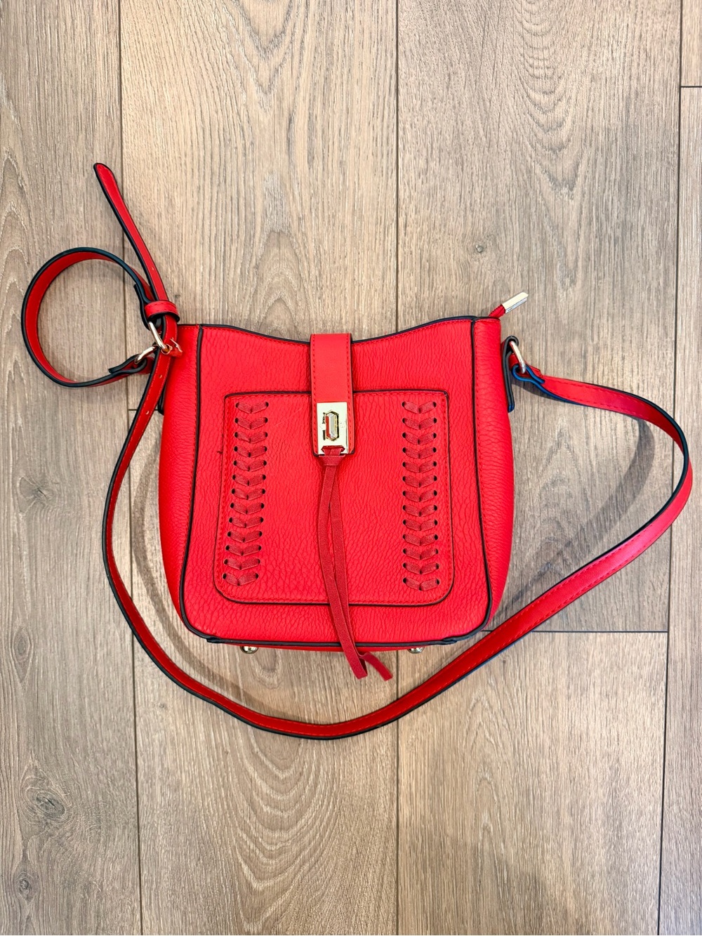 Compact Red Leather Crossbody with Woven Accent
